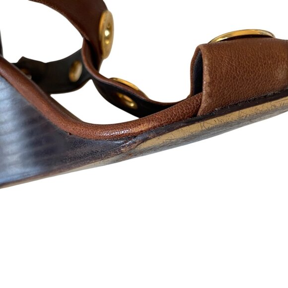 Tory Burch Kathryn Brown Leather Gold Grommet Wedge Sandals Sz 8.5 Designer Luxu - Picture 13 of 15